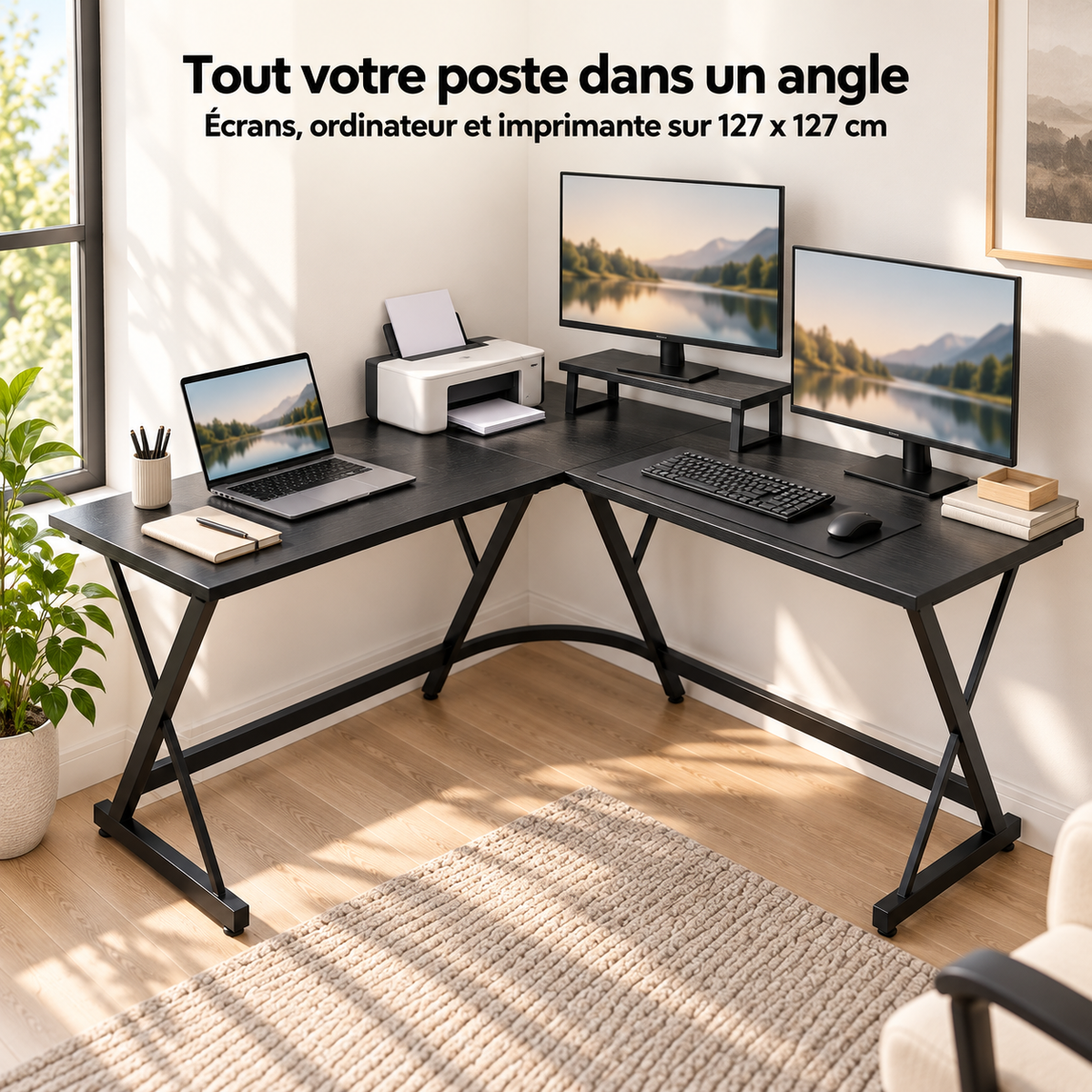 Bureau d'angle en L 127 x 127 cm aménagé avec deux écrans, un ordinateur portable et une imprimante