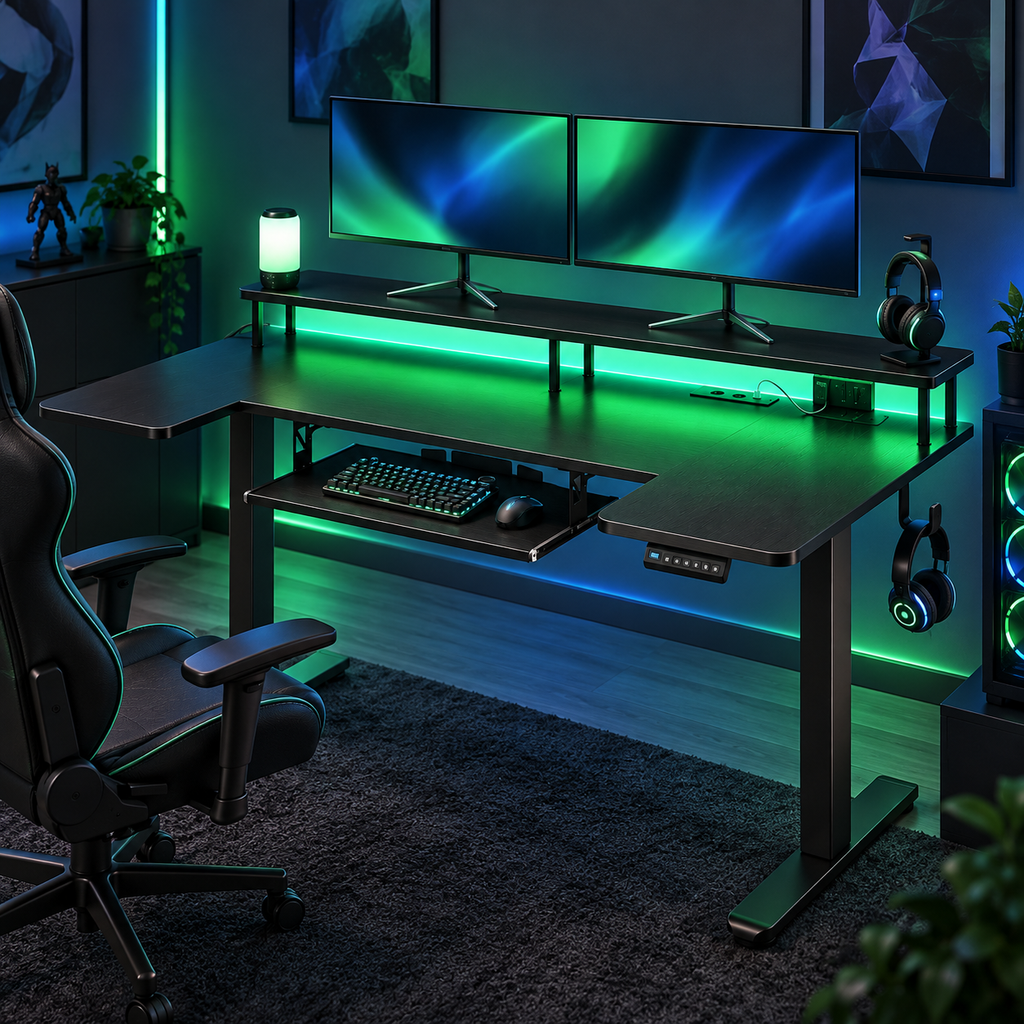 Bureau assis-debout électrique gaming noir installé dans une chambre gaming éclairée en LED