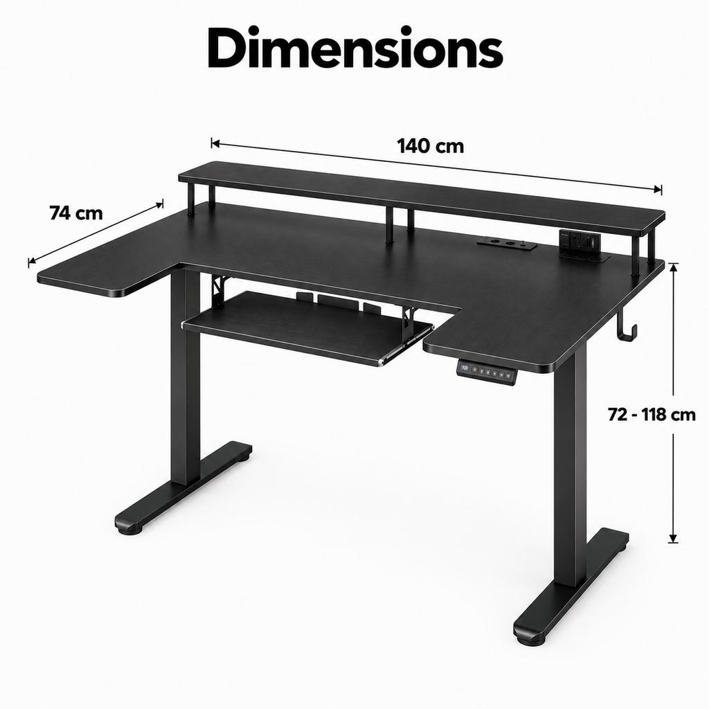 Dimensions du bureau gaming assis-debout : 140 x 74 cm, hauteur 72 à 118 cm