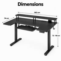 Dimensions du bureau gaming assis-debout : 140 x 74 cm, hauteur 72 à 118 cm