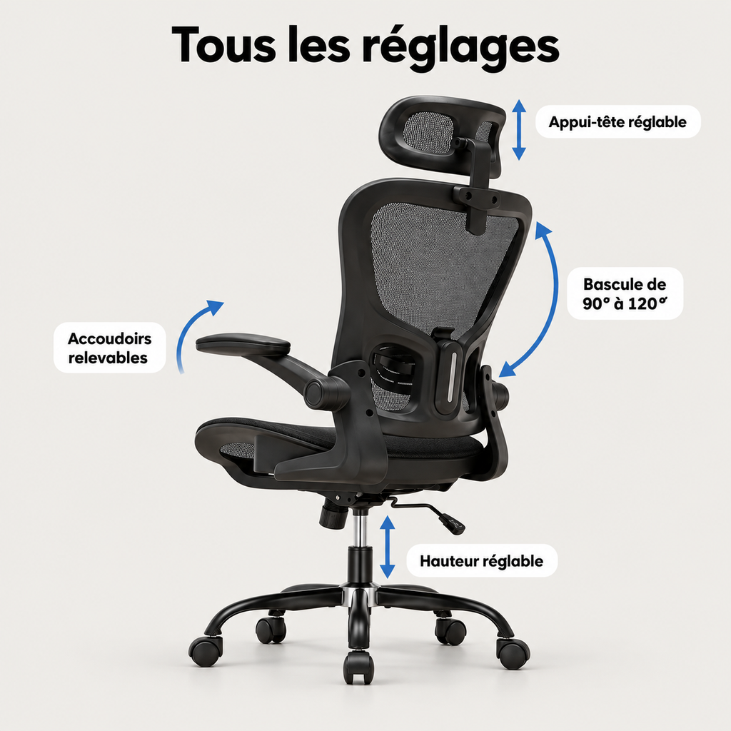 Réglages de la chaise ergonomique : bascule de 90° à 120°, accoudoirs relevables, appui-tête et hauteur réglables