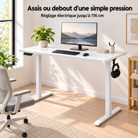 Bureau assis-debout électrique avec prise USB et crochet relevé en position debout