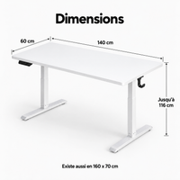 Dimensions du bureau assis-debout : 140 x 60 cm, hauteur jusqu'à 116 cm, existe en 160 x 70 cm