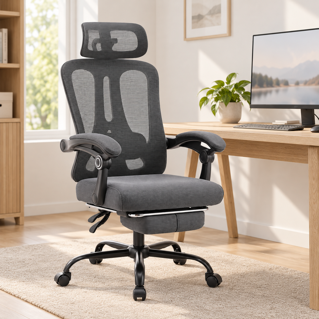 Chaise de bureau en maille inclinable avec repose-pieds grise devant un bureau en bois clair
