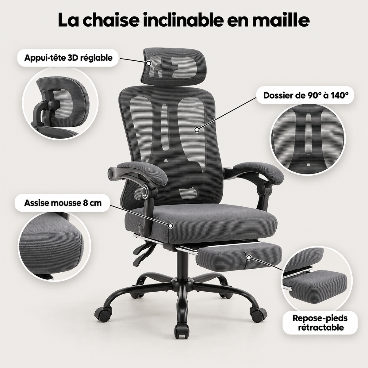 Points forts de la chaise inclinable : appui-tête 3D réglable, dossier de 90° à 140°, assise en mousse de 8 cm, repose-pieds rétractable
