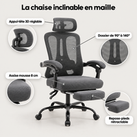 Points forts de la chaise inclinable : appui-tête 3D réglable, dossier de 90° à 140°, assise en mousse de 8 cm, repose-pieds rétractable