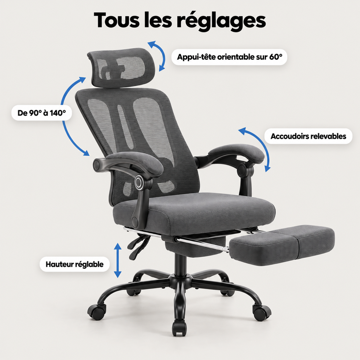 Réglages de la chaise : dossier de 90° à 140°, appui-tête orientable sur 60°, accoudoirs relevables, hauteur réglable