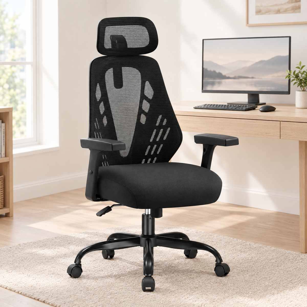 Chaise de bureau ergonomique en maille à bascule noire devant un bureau en bois clair