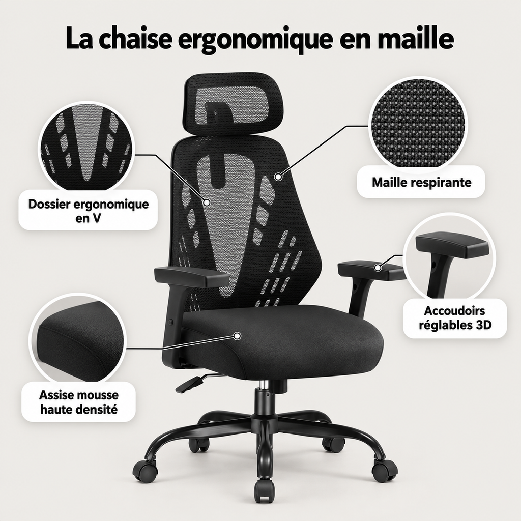 Points forts de la chaise ergonomique : dossier en V, maille respirante, accoudoirs réglables 3D, assise en mousse haute densité