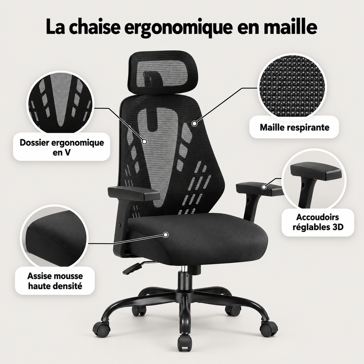 Points forts de la chaise ergonomique : dossier en V, maille respirante, accoudoirs réglables 3D, assise en mousse haute densité