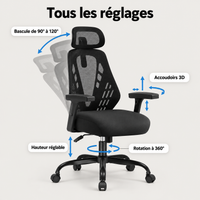 Réglages de la chaise : bascule de 90° à 120°, accoudoirs 3D, hauteur réglable, rotation à 360°