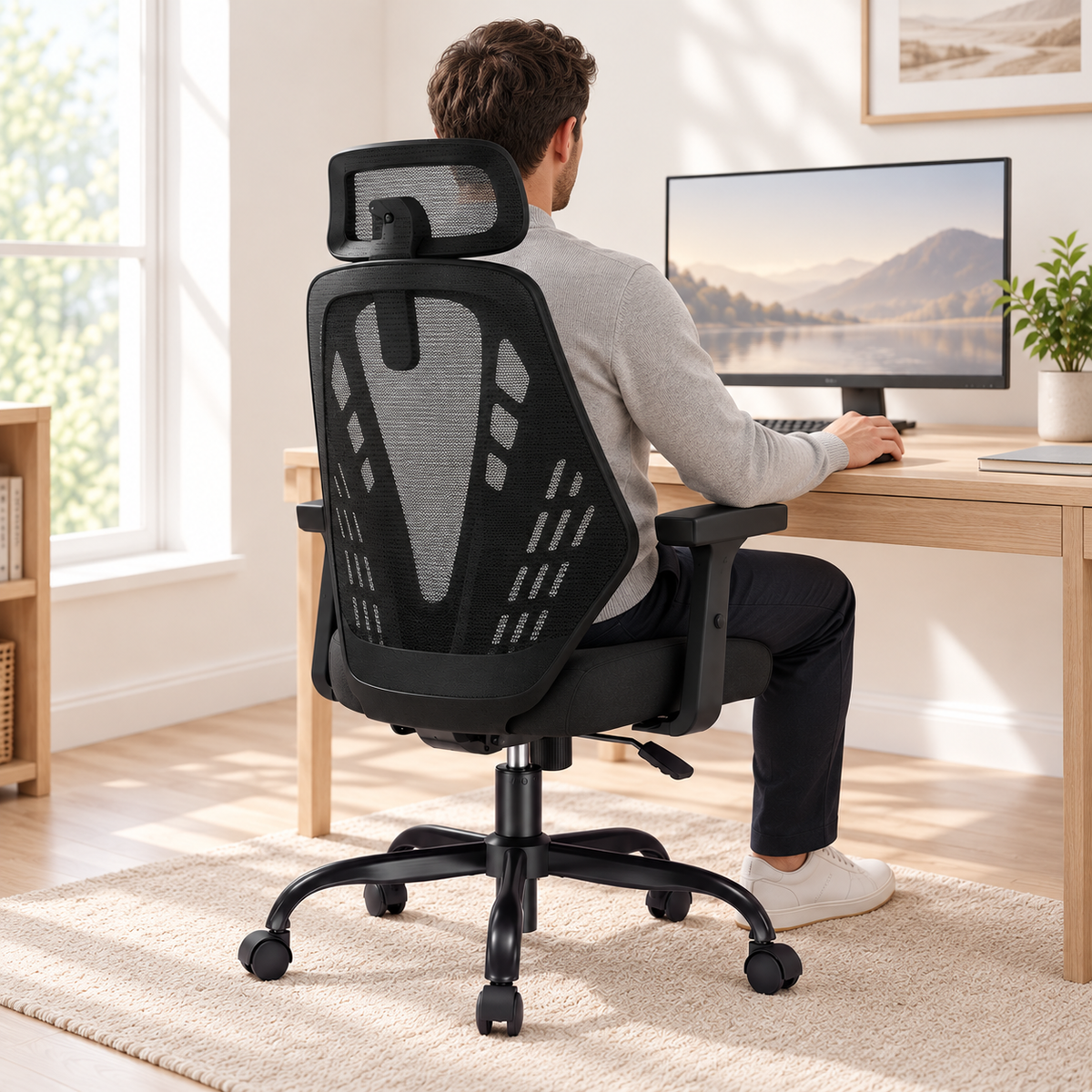 Homme assis dans la chaise ergonomique noire devant un écran, vu de dos