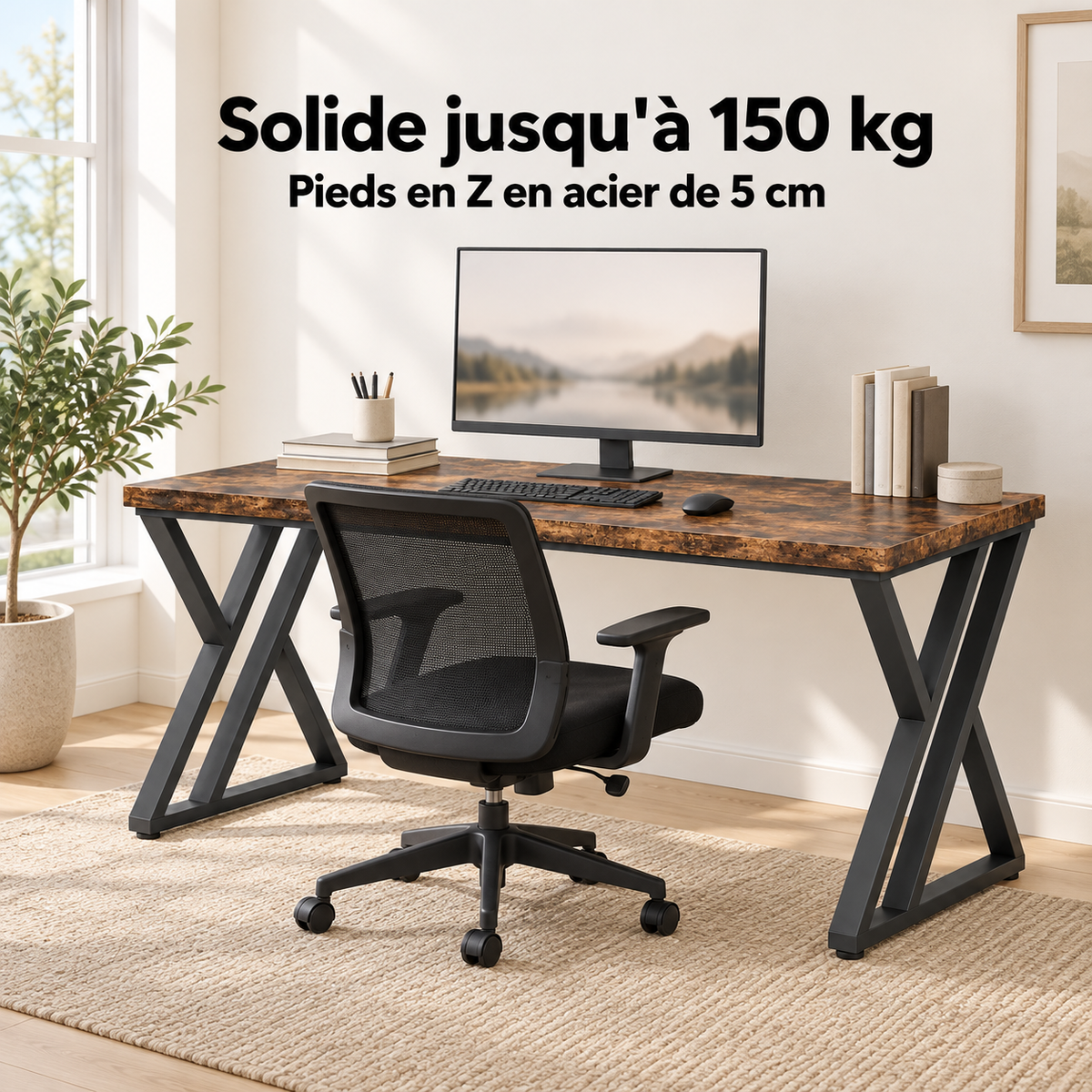 Bureau industriel 140 cm solide jusqu'à 150 kg avec pieds en acier