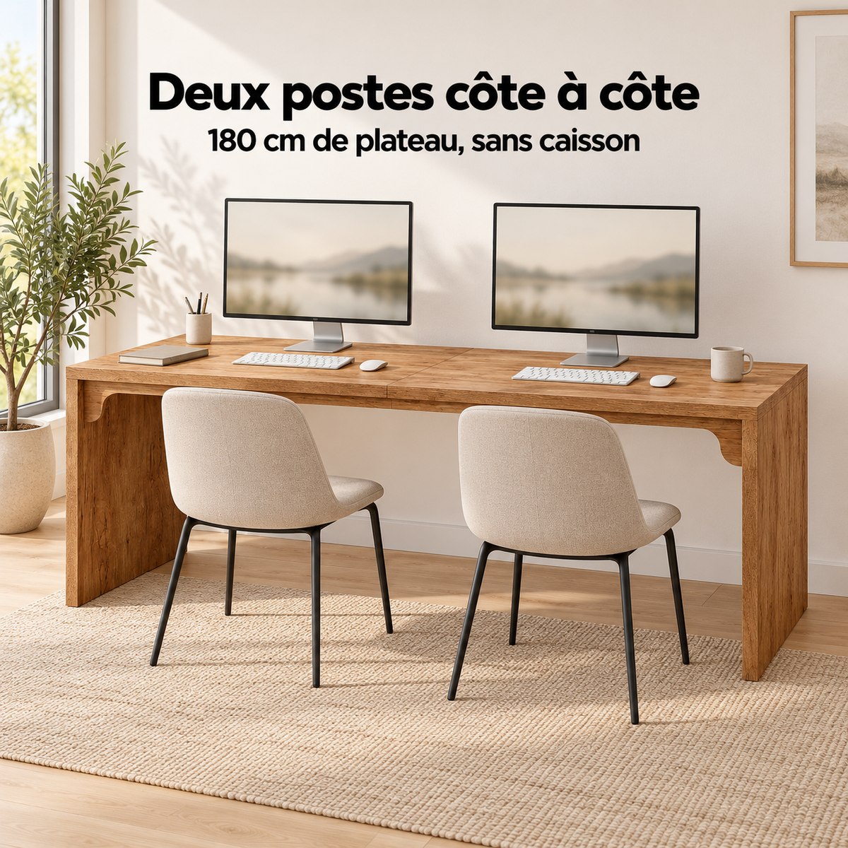 Bureau double 180 cm aménagé en deux postes de travail côte à côte