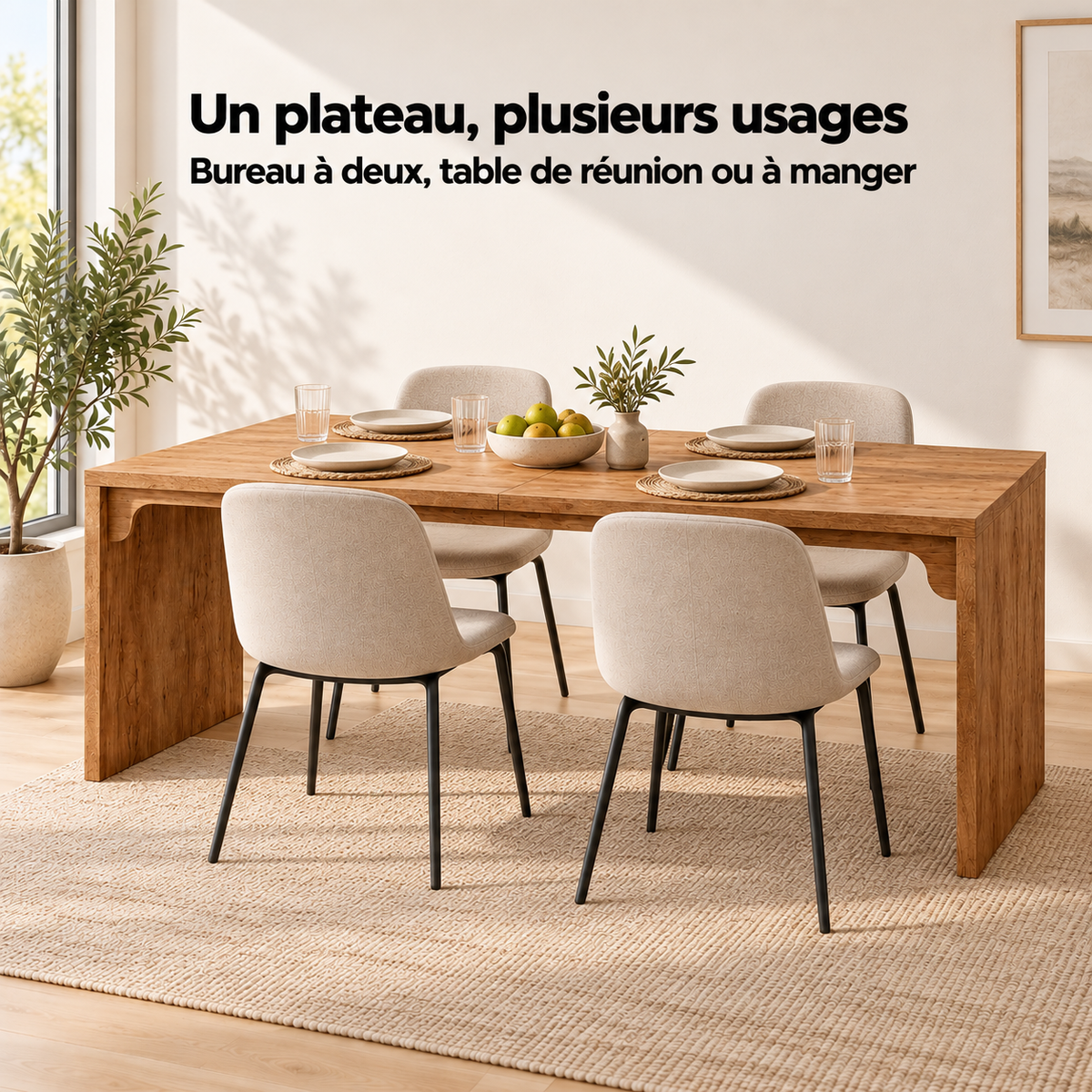 Bureau double 180 cm décor bois utilisé comme table à manger