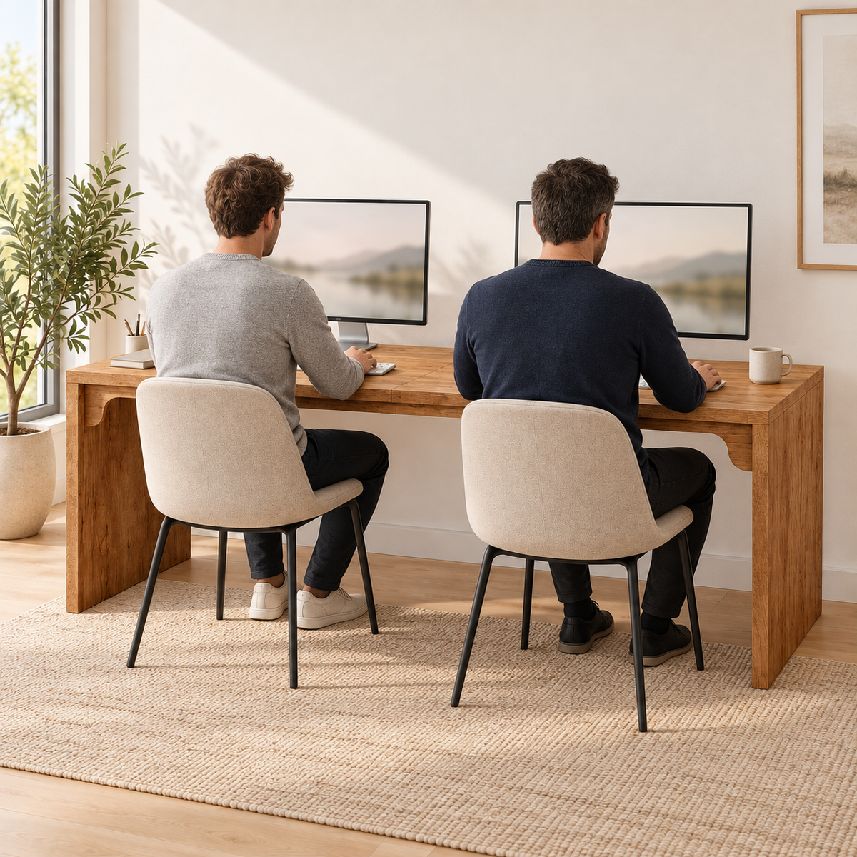 Deux hommes travaillant côte à côte au bureau double en bois, vus de dos