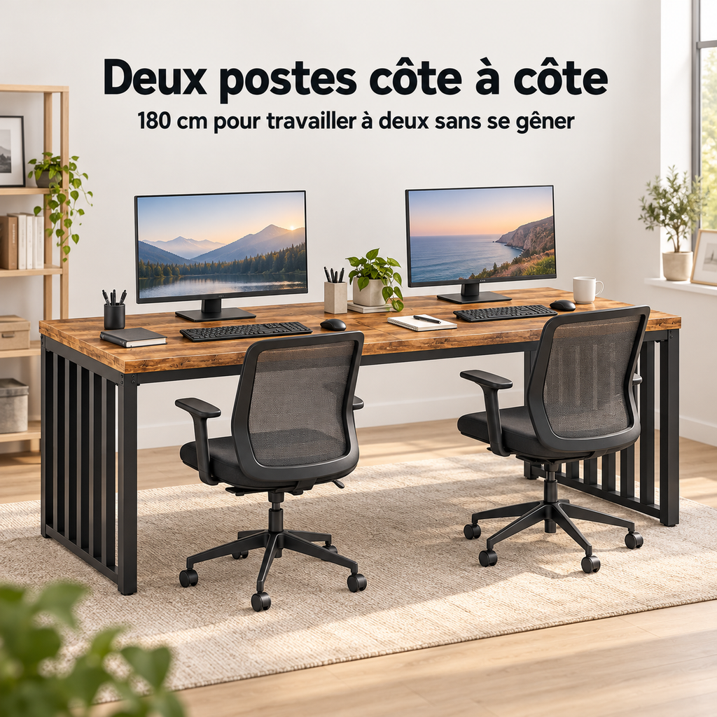 Bureau double 180 cm avec deux postes de travail côte à côte
