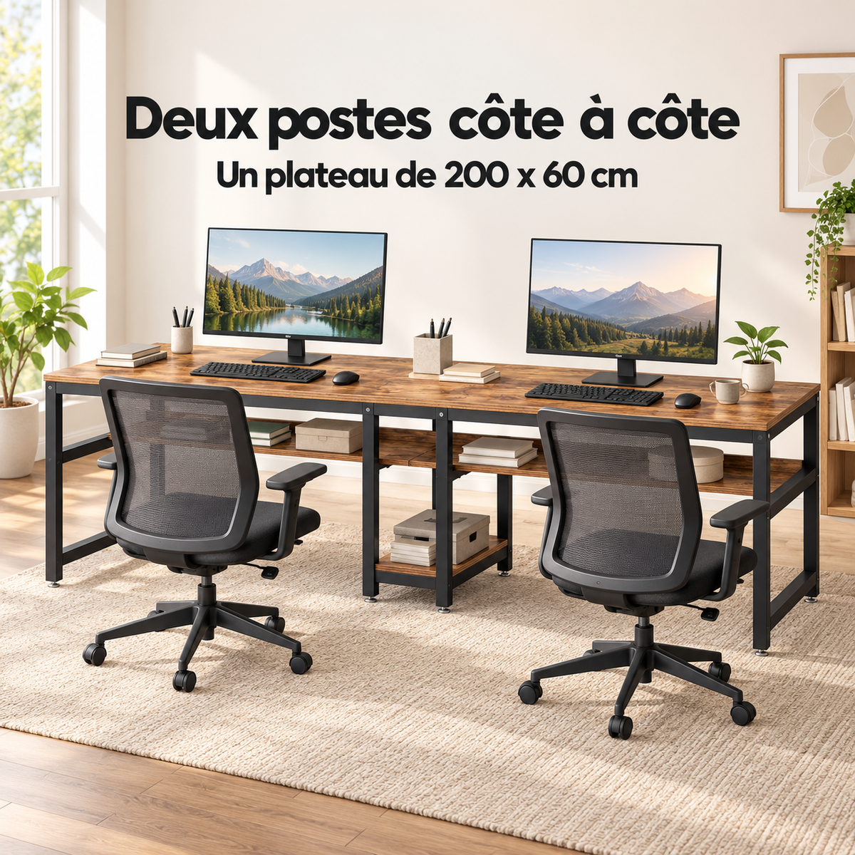 Bureau double 200 cm avec deux postes de travail côte à côte