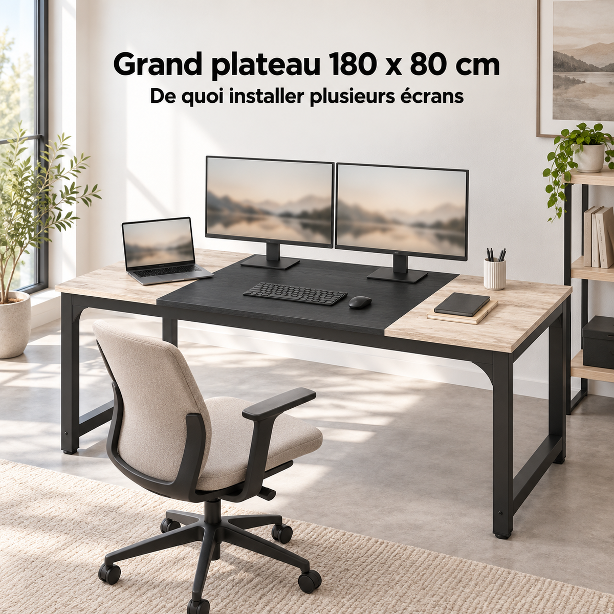 Grand plateau 180 x 80 cm avec deux écrans installés