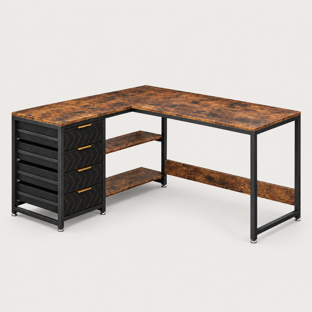 Bureau d'angle en L 150 cm marron rustique et noir avec 4 tiroirs, vue de trois quarts sur fond gris clair