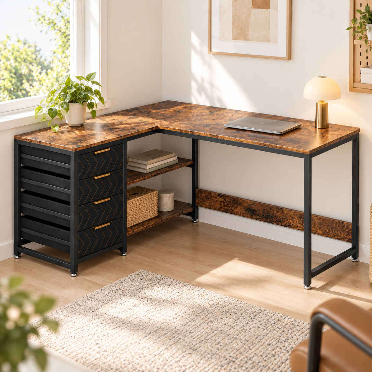 Bureau d'angle en L marron rustique installé dans l'angle d'un bureau à domicile lumineux