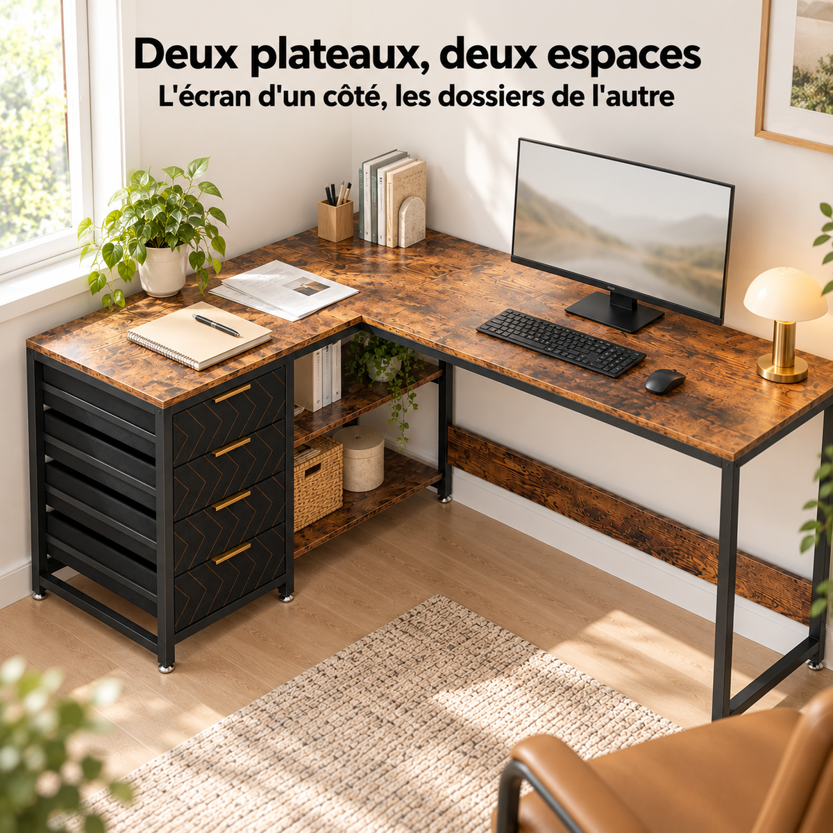 Bureau d'angle en L avec un écran sur un plateau et des dossiers sur l'autre