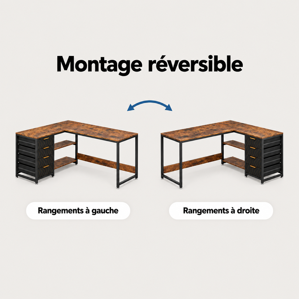 Montage réversible du bureau d'angle en L avec rangements à gauche ou à droite