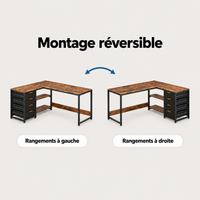 Montage réversible du bureau d'angle en L avec rangements à gauche ou à droite