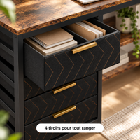Gros plan sur les 4 tiroirs en tissu noir du bureau d'angle, tiroir du haut ouvert avec des carnets