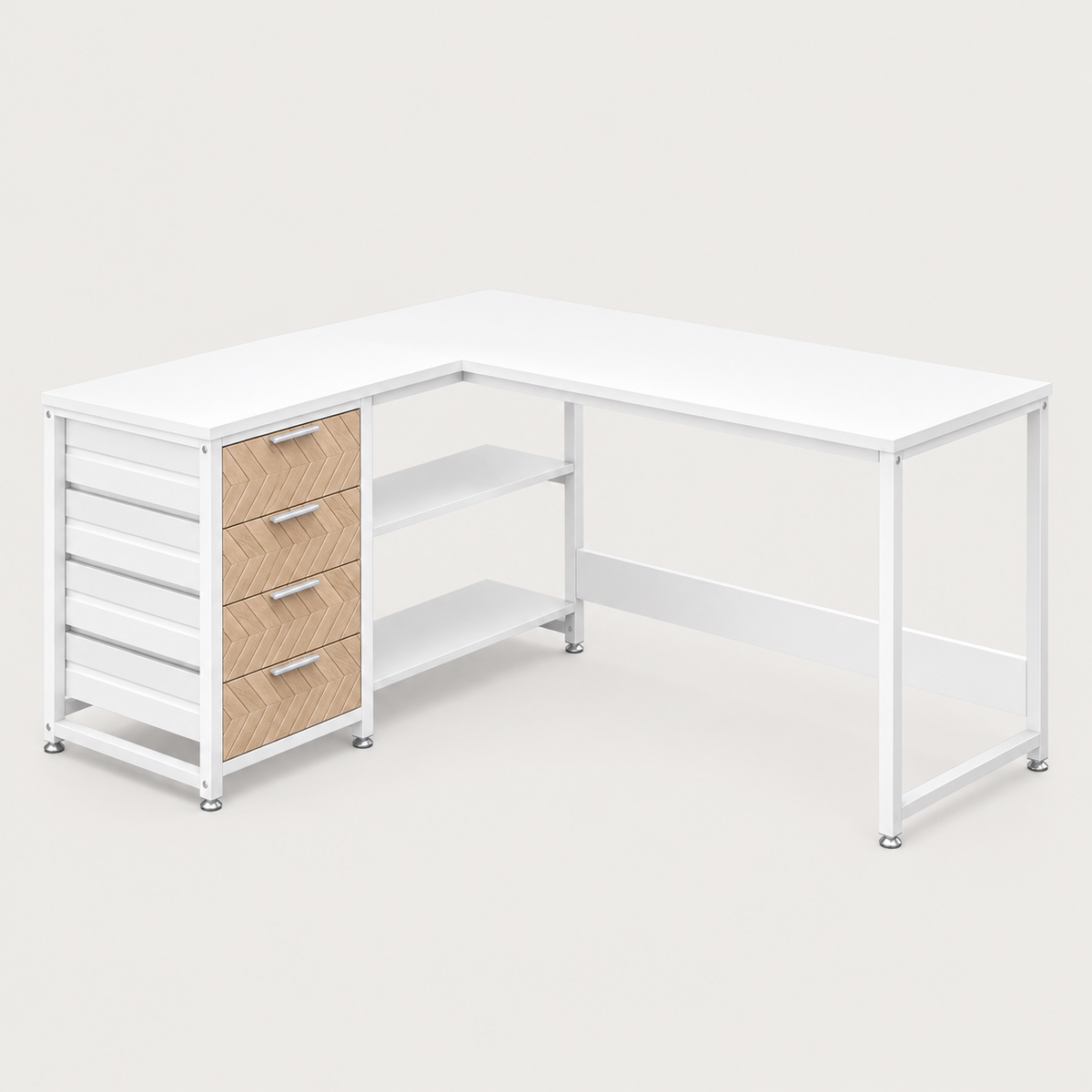 Bureau d'angle en L 150 cm coloris blanc avec façades de tiroirs effet chêne