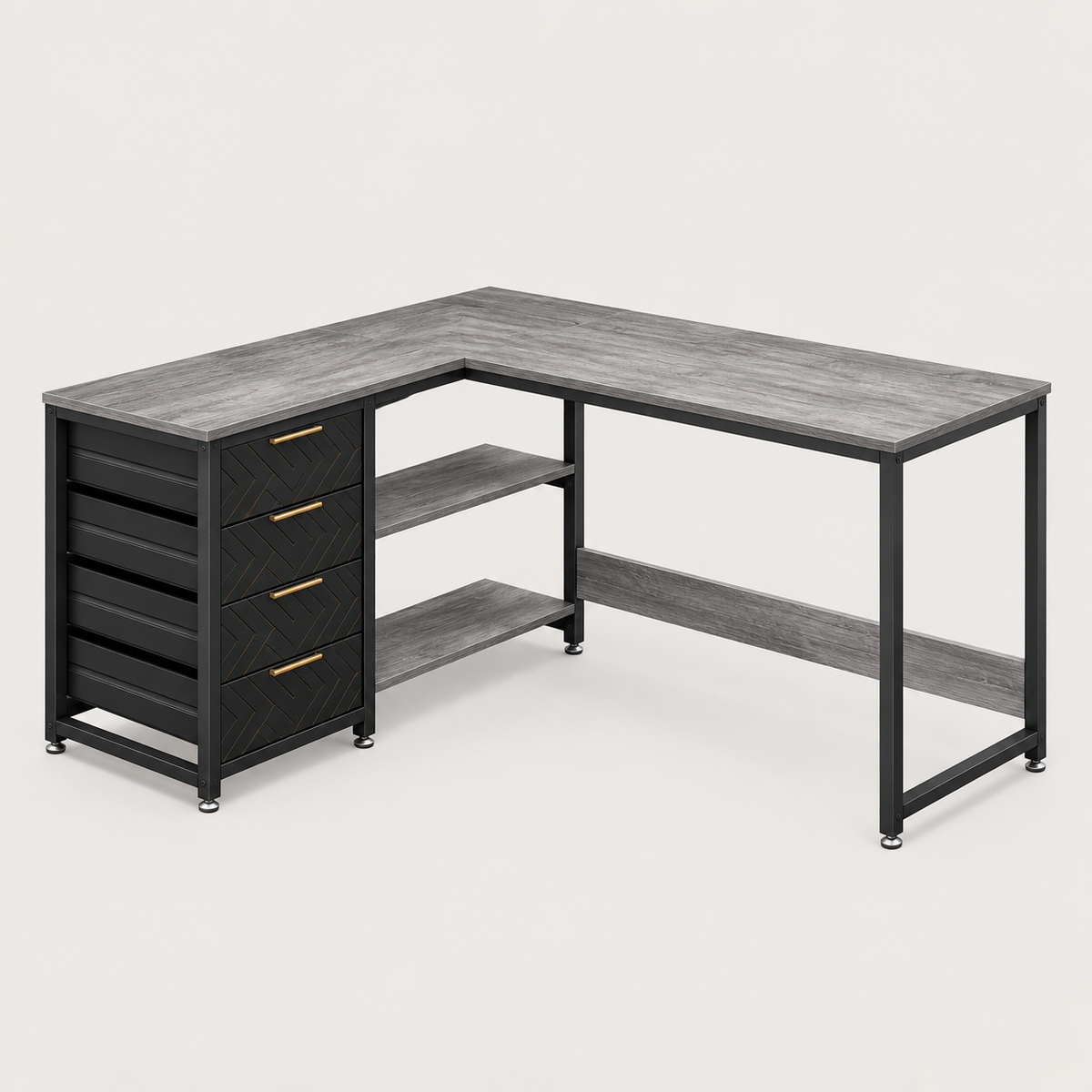 Bureau d'angle en L 150 cm coloris gris avec cadre et tiroirs noirs