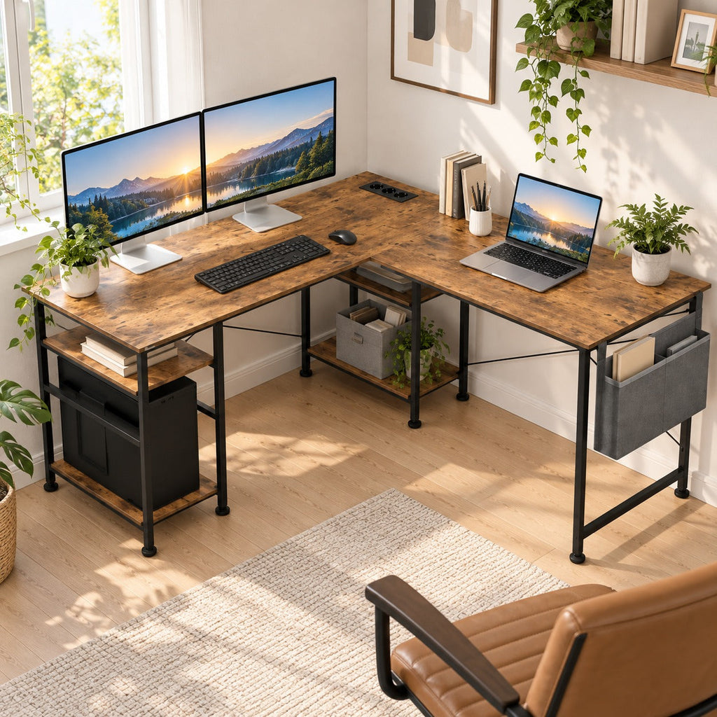 Bureau d'angle modulable 140 x 140 cm installé dans un bureau à domicile lumineux avec deux écrans