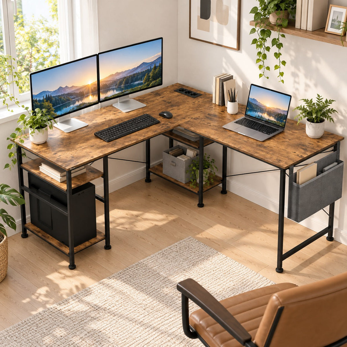 Bureau d'angle modulable 140 x 140 cm installé dans un bureau à domicile lumineux avec deux écrans