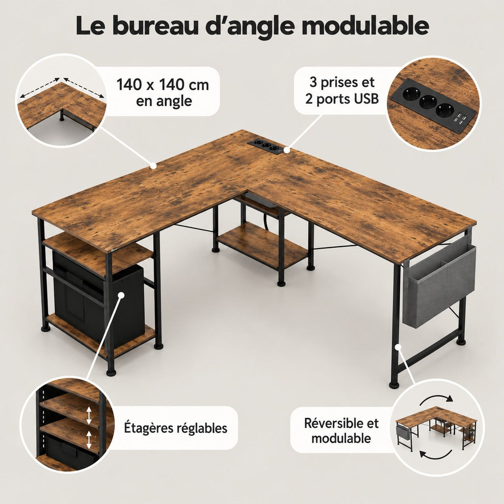 Points forts du bureau d'angle modulable : 140 x 140 cm, 3 prises et 2 ports USB, étagères réglables, réversible