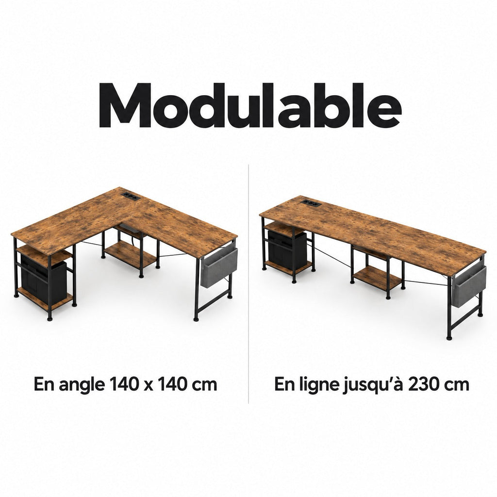 Bureau modulable installé en angle 140 x 140 cm ou en ligne jusqu'à 230 cm