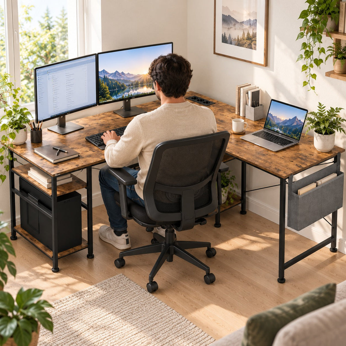 Homme travaillant au bureau d'angle modulable devant deux écrans, vu de dos