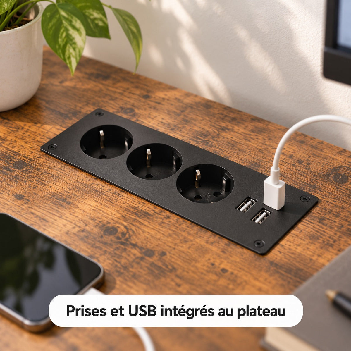 Gros plan sur les prises et ports USB intégrés au plateau du bureau d'angle