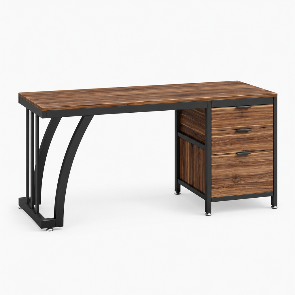Bureau 150 cm style industriel avec caisson 3 tiroirs coloris noyer