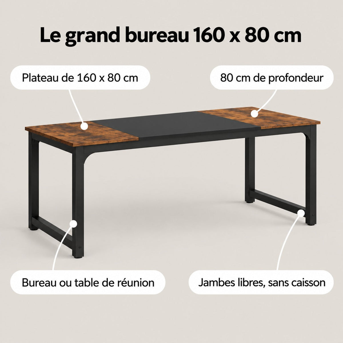 Points forts du grand bureau 160 x 80 cm : plateau profond, panneau à faibles émissions, usages bureau ou table