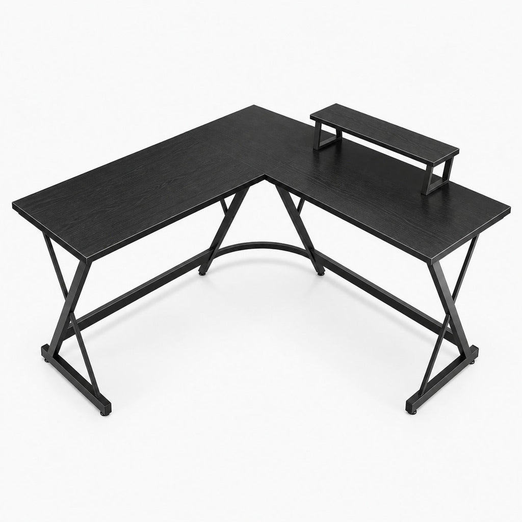 Bureau d'angle en L 127 x 127 cm noir carbone avec support d'écran, vue de trois quarts