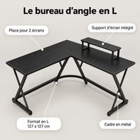 Points forts du bureau d'angle en L : place pour 2 écrans, support d'écran intégré, format 127 x 127 cm, cadre en métal