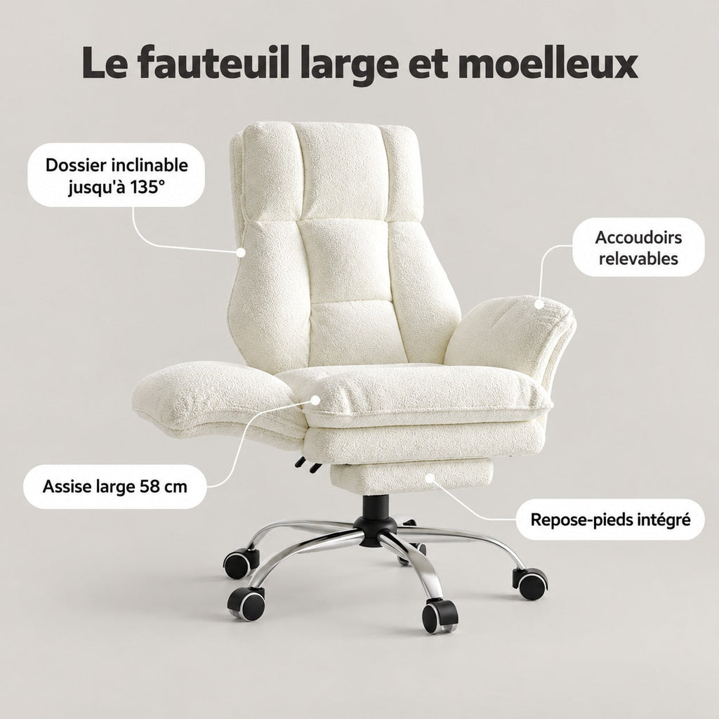 Points forts du fauteuil large : dossier inclinable jusqu'à 135°, accoudoirs relevables, assise large 58 cm, repose-pieds intégré