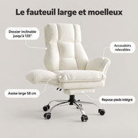 Points forts du fauteuil large : dossier inclinable jusqu'à 135°, accoudoirs relevables, assise large 58 cm, repose-pieds intégré