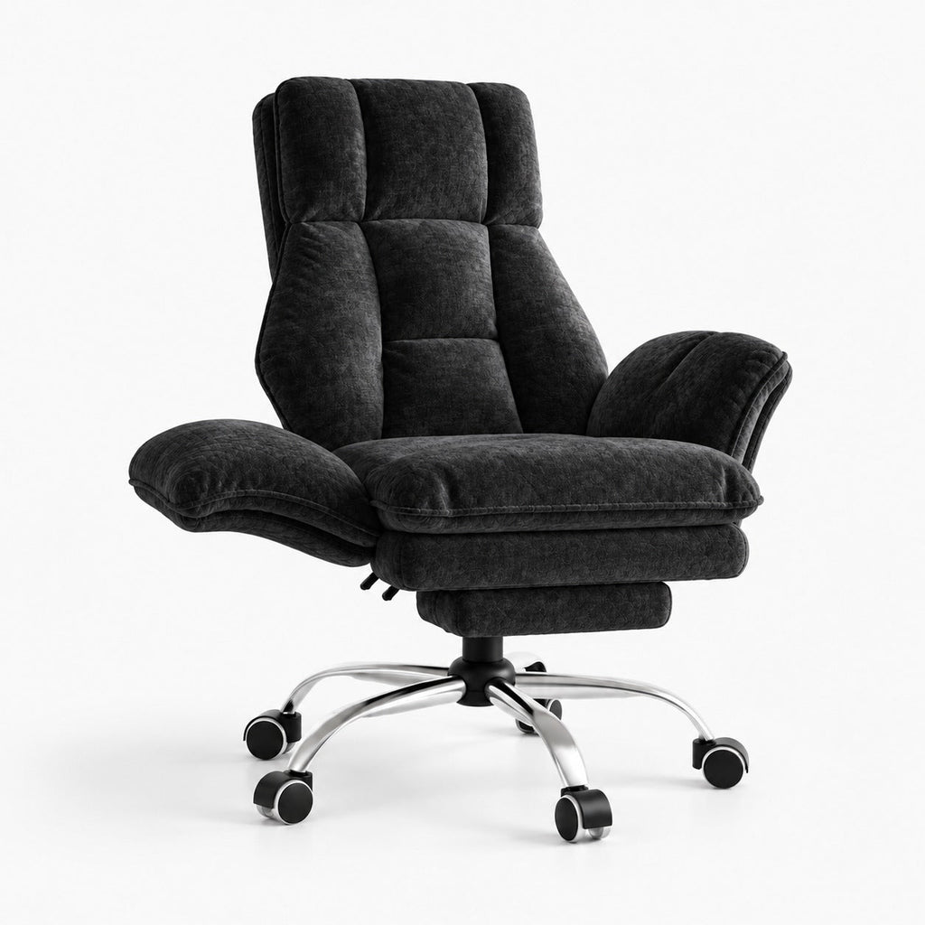Chaise de bureau large inclinable avec repose-pieds coloris noir chenille brillante