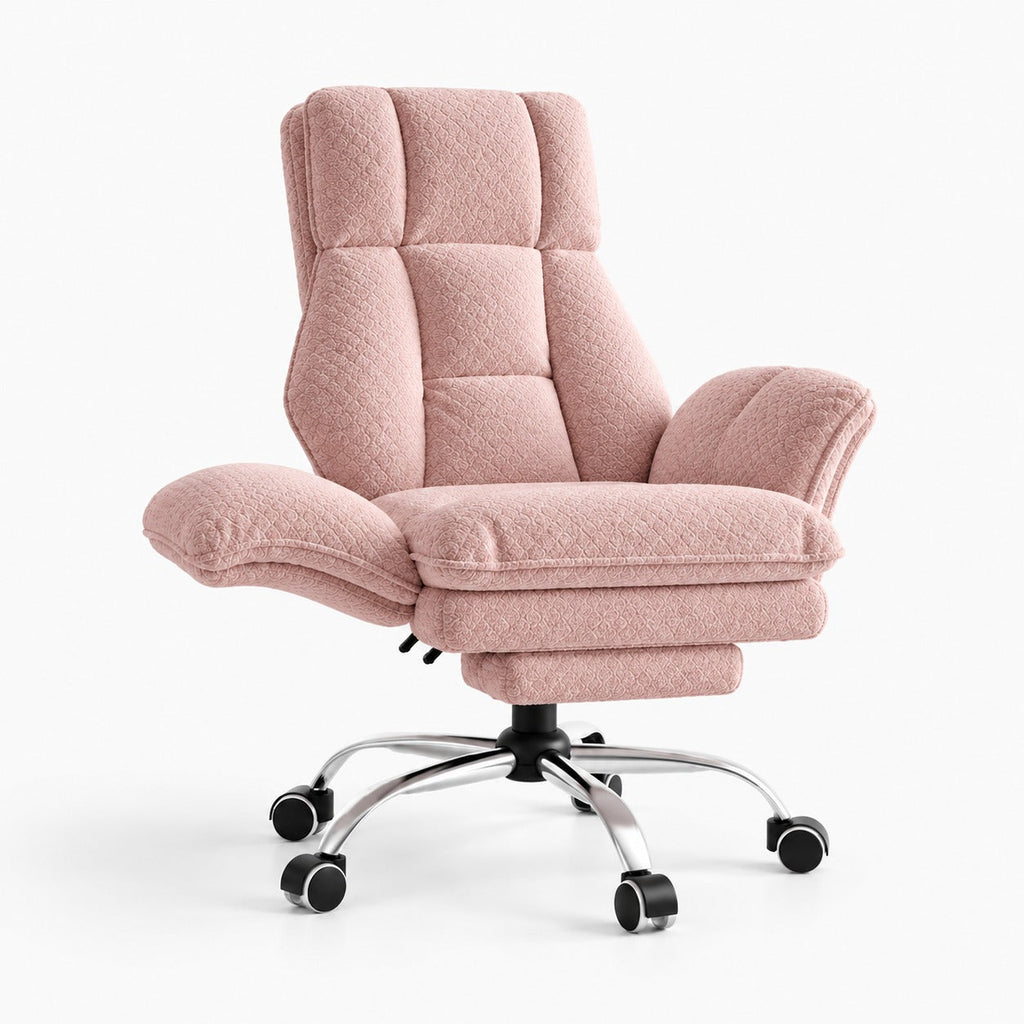 Chaise de bureau large inclinable avec repose-pieds coloris rose tissu teddy