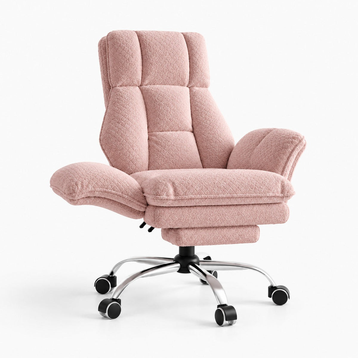 Chaise de bureau large inclinable avec repose-pieds coloris rose tissu teddy