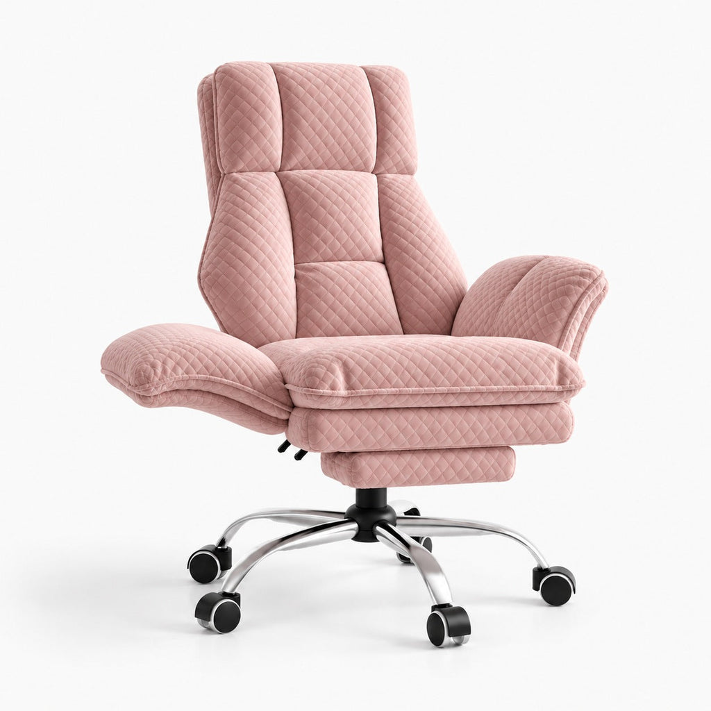 Chaise de bureau large inclinable avec repose-pieds coloris rose velours