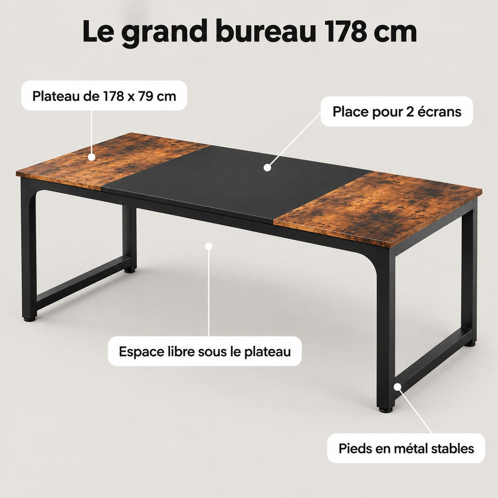 Points forts du grand bureau 178 cm : place pour deux écrans et une imprimante, dégagement sous le plateau