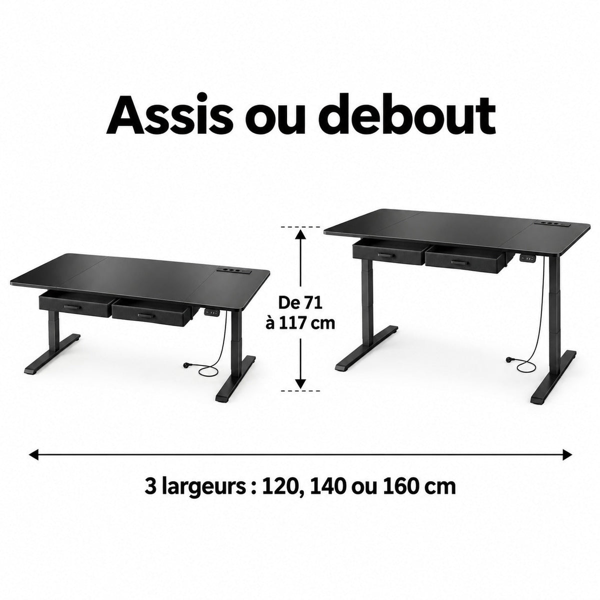 Bureau assis-debout Lina noir – réglage en hauteur