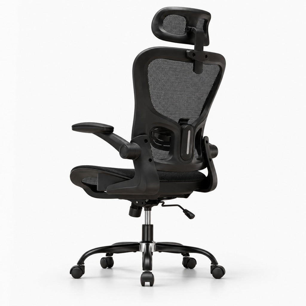 Chaise de bureau ergonomique 150 kg avec appui-tête noire, vue de trois quarts